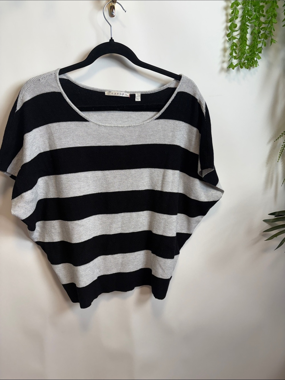 Cyrus Black & Gray Wide Stripe Short-Sleeve Knit Top
